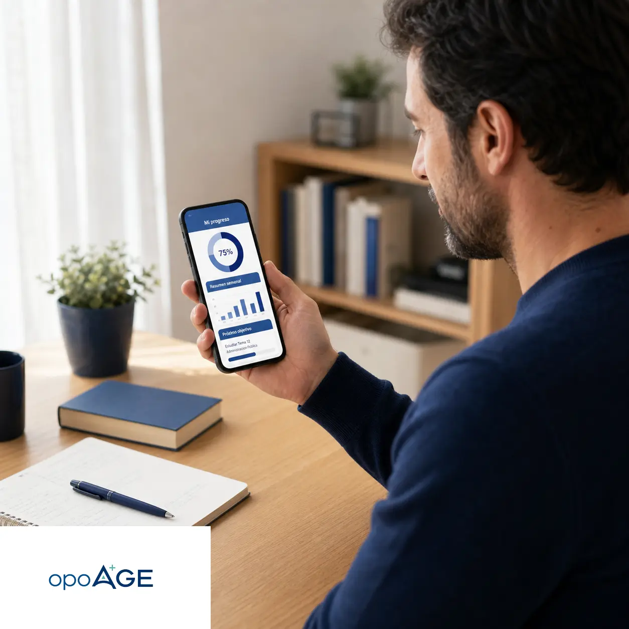 Imagen generada por IA: persona revisando su progreso de preparación AGE con OPOAGE
