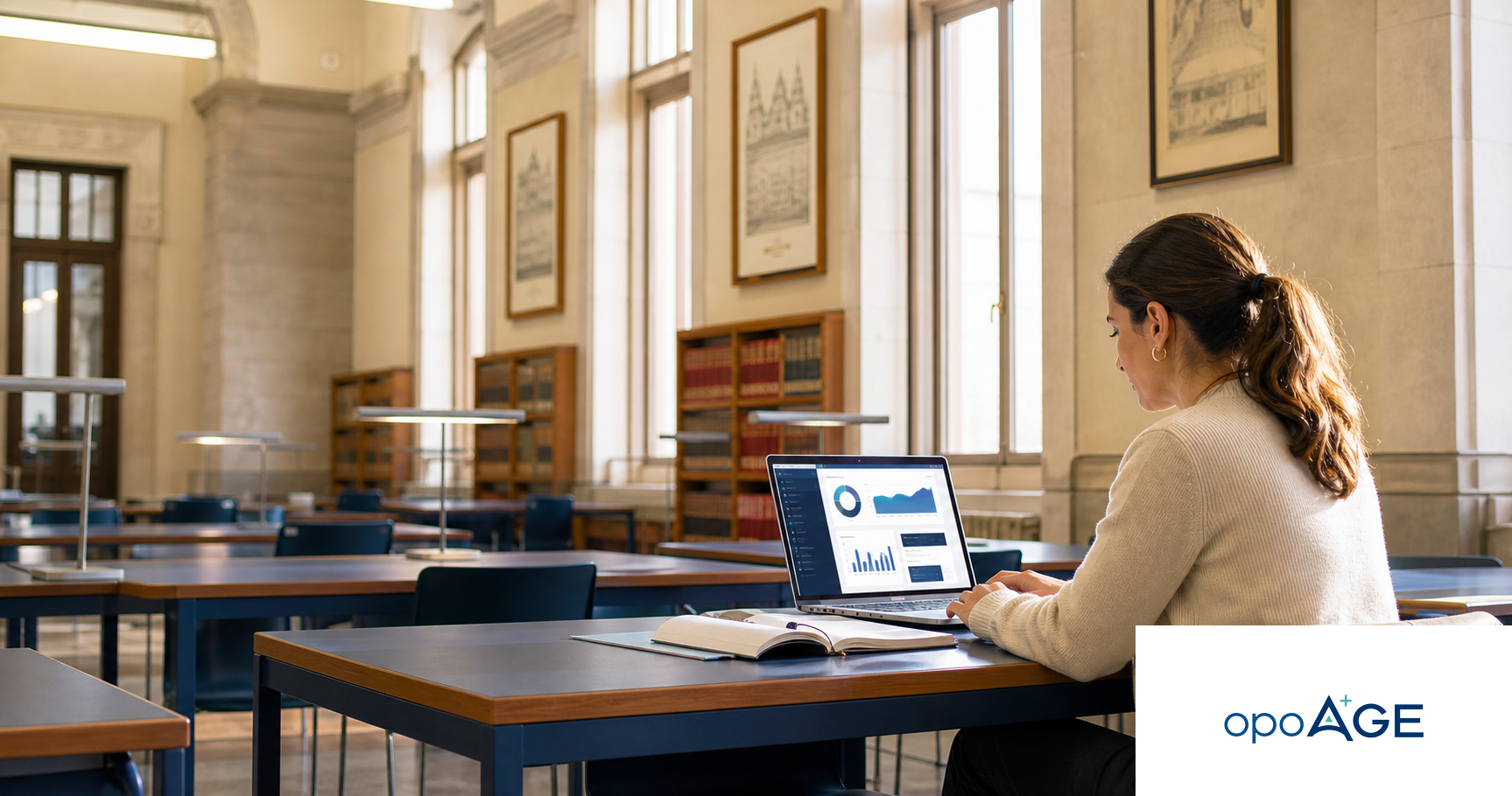 Imagen generada por IA: preparación AGE con OPOAGE en una biblioteca histórica