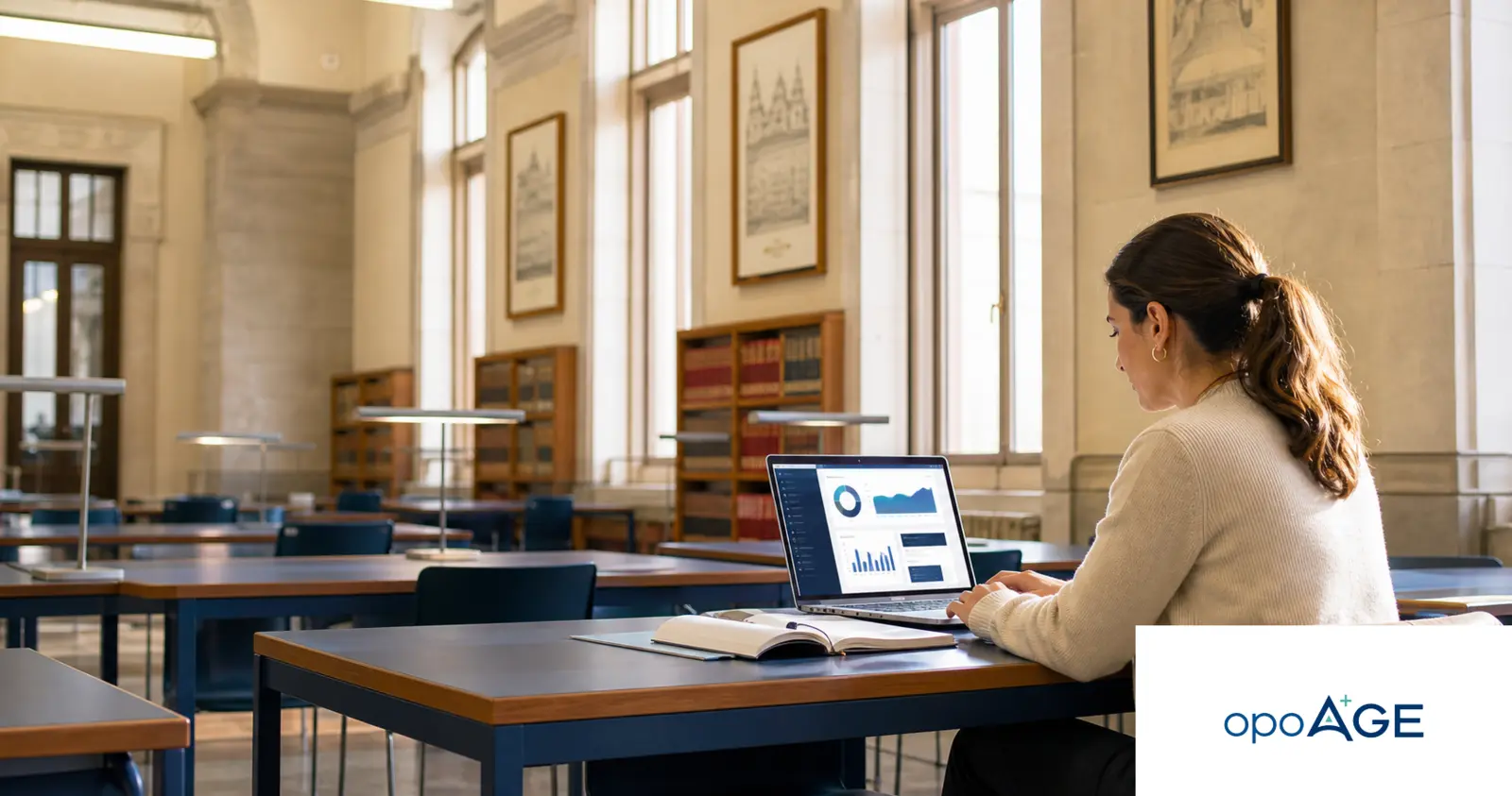 Imagen generada por IA: preparación AGE con OPOAGE en una biblioteca histórica