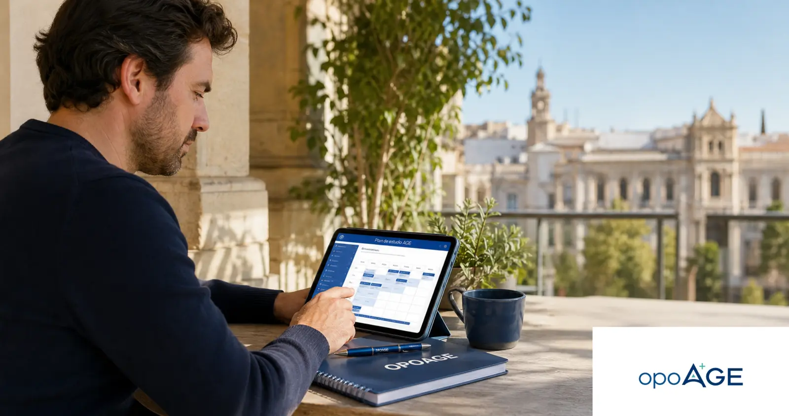 Imagen generada por IA: planificación de estudio AGE con OPOAGE en una terraza